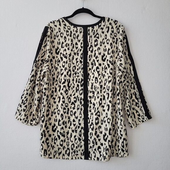 Catherines Leopard Blouse 0X (14/16) Black Lightweight Keyhole Slit Sleeve Satin - Picture 7 of 14